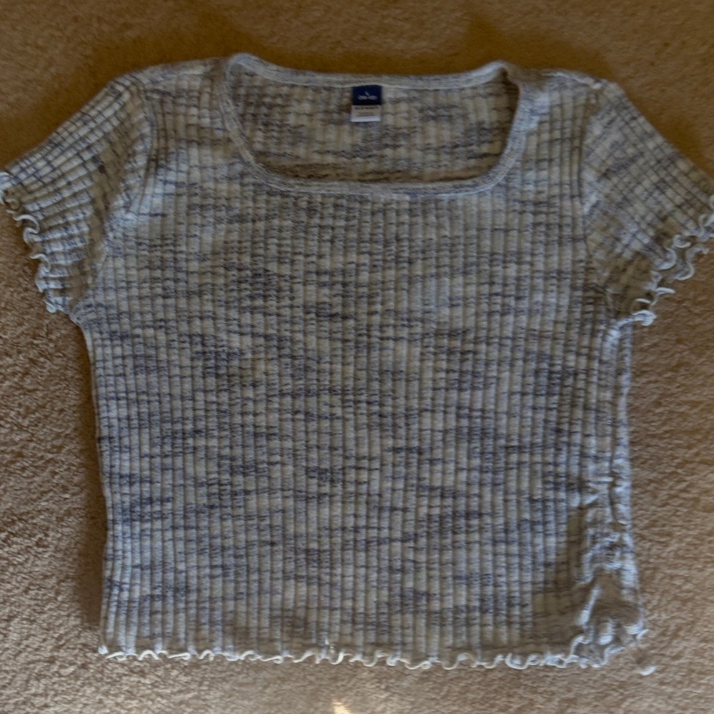Girls 10/12  Old Navy Heathered Blue and Cream Ribbed Short Sleeve Top